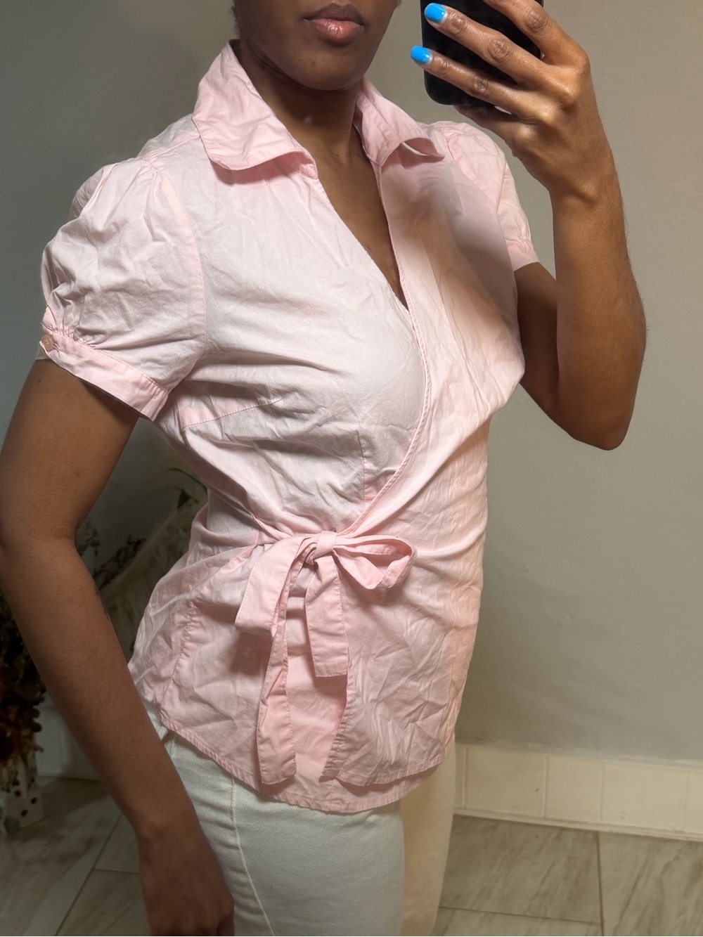Women's Light Pink Wrap-Style Short Sleeve Top - Picture 5 of 5